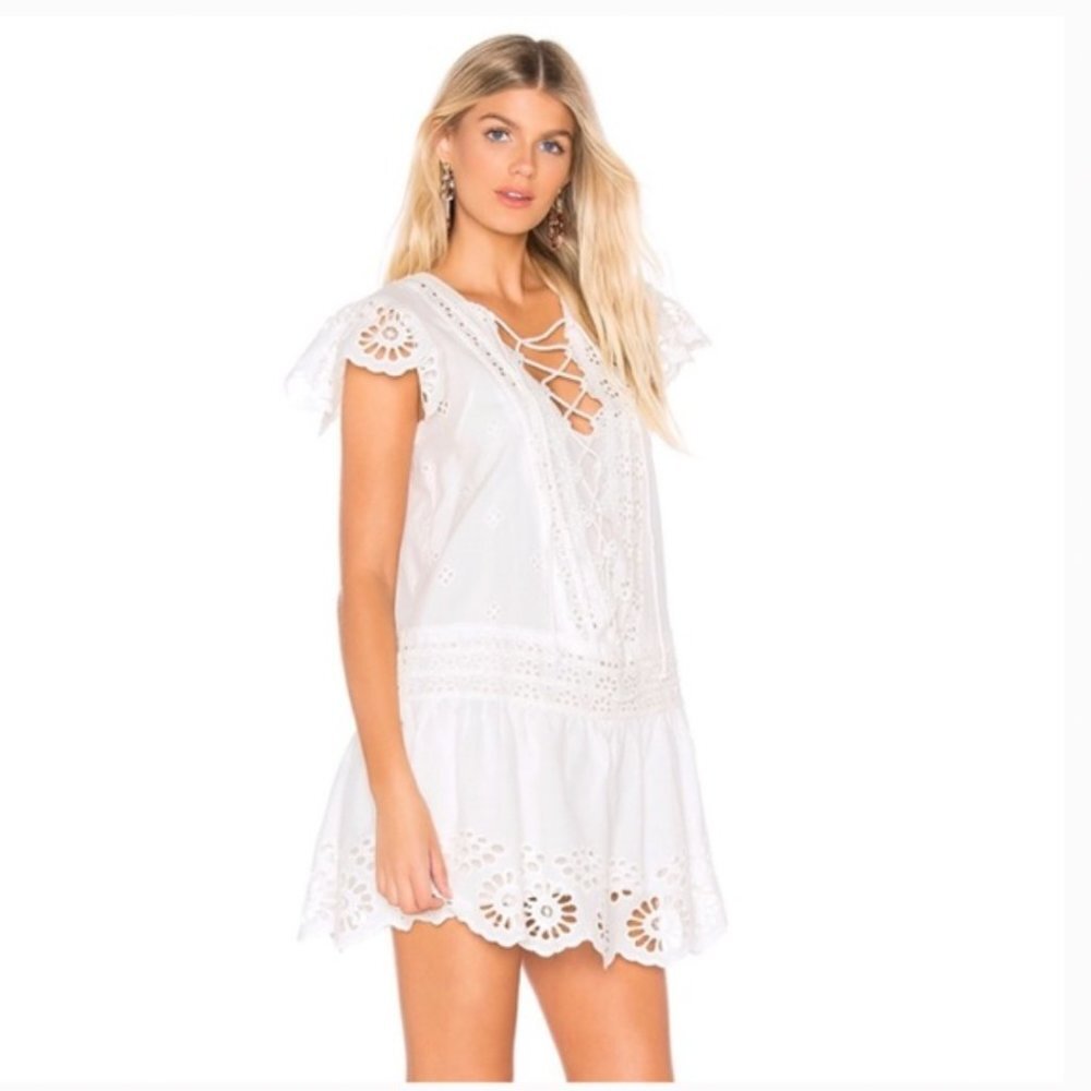 Free People Esperanza Ivory Cream Eyelet Lace up Mini Dress White Sz Medium